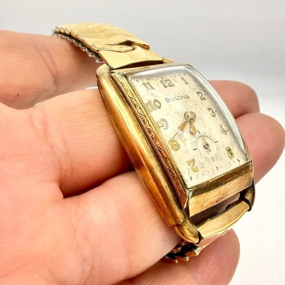 Bulova Mens Tank Watch 10AX 21 Jewel 10K‎ Gold Filled Working Broken Crown